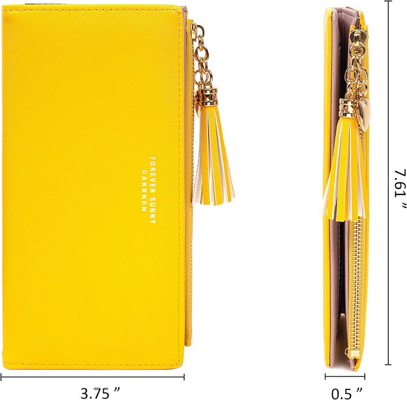KOTORA Womens Slim Wallet Girls Thin Wallets Pretty Mini Long Card Holder Small Tiny Clutch Zip Purse Love Pendant Tassels Billfold (Yellow) - Image 4